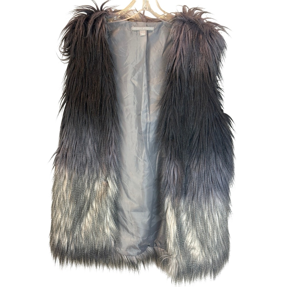 Valerie Stevens Gray Ombre Faux Fur Longline Boho Shaggy Vest Size Large